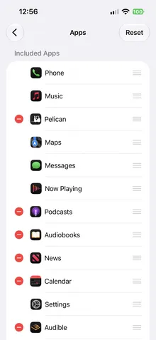 The car's Included Apps list, with Pelican among them