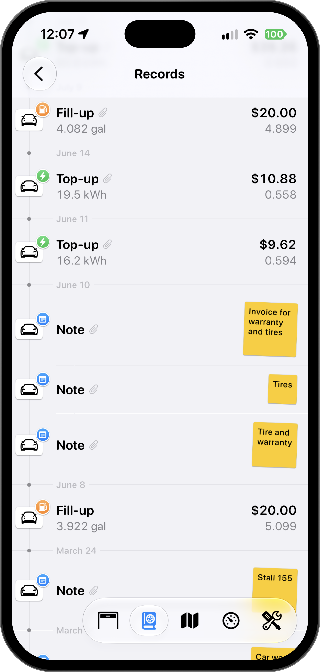 Digitized records: Digitize your receipts and keep a timeline of fill-ups, charging top-ups, and notes.