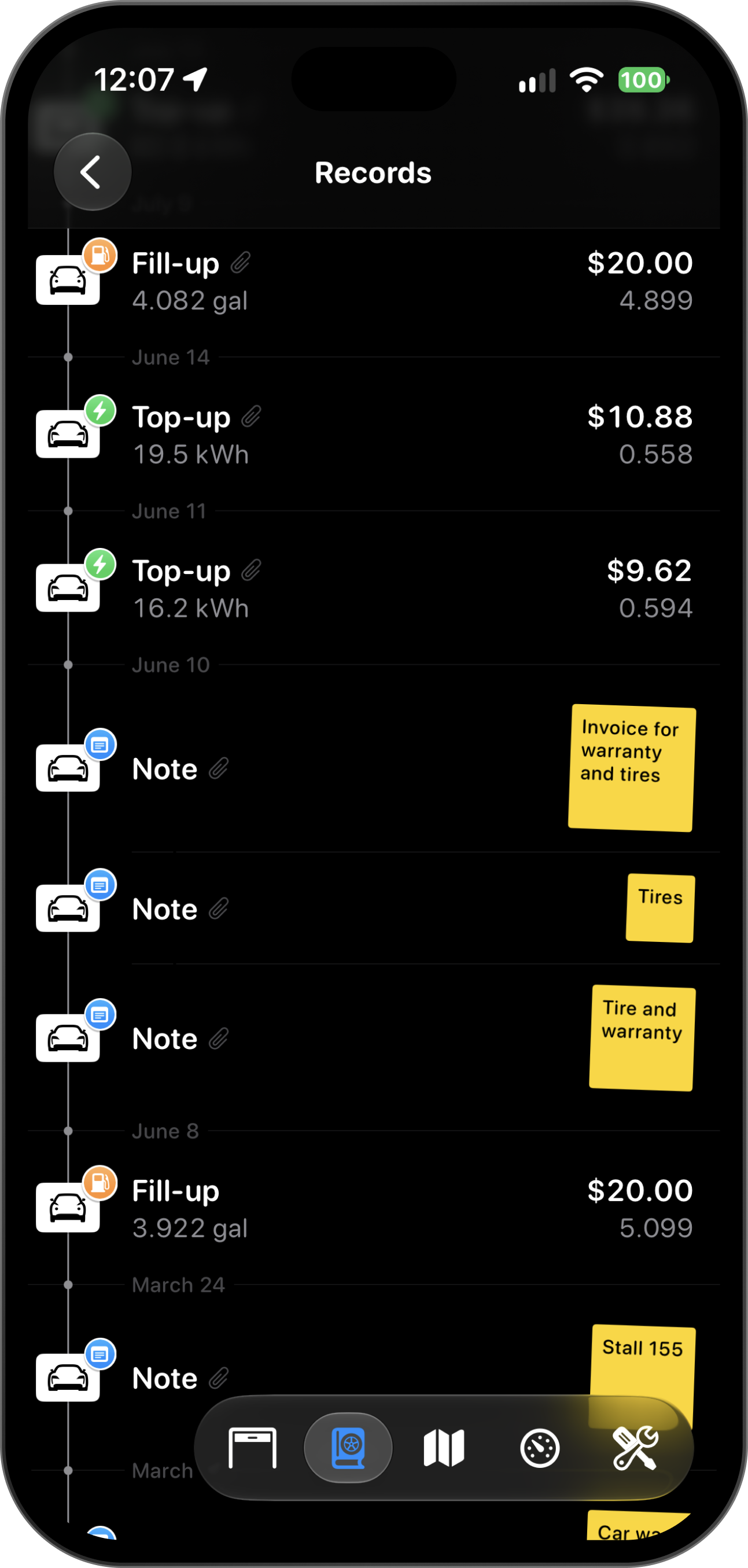 Digitized records: Digitize your receipts and keep a timeline of fill-ups, charging top-ups, and notes.
