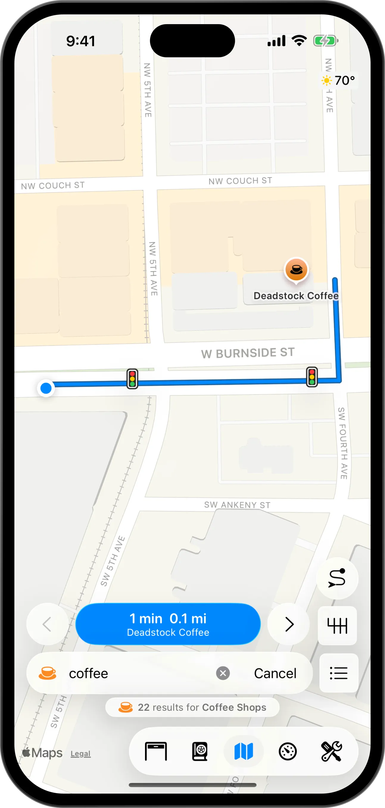 Search results for coffee on the Pelican map, with the route to the first result, the blue start button and the search field marked
