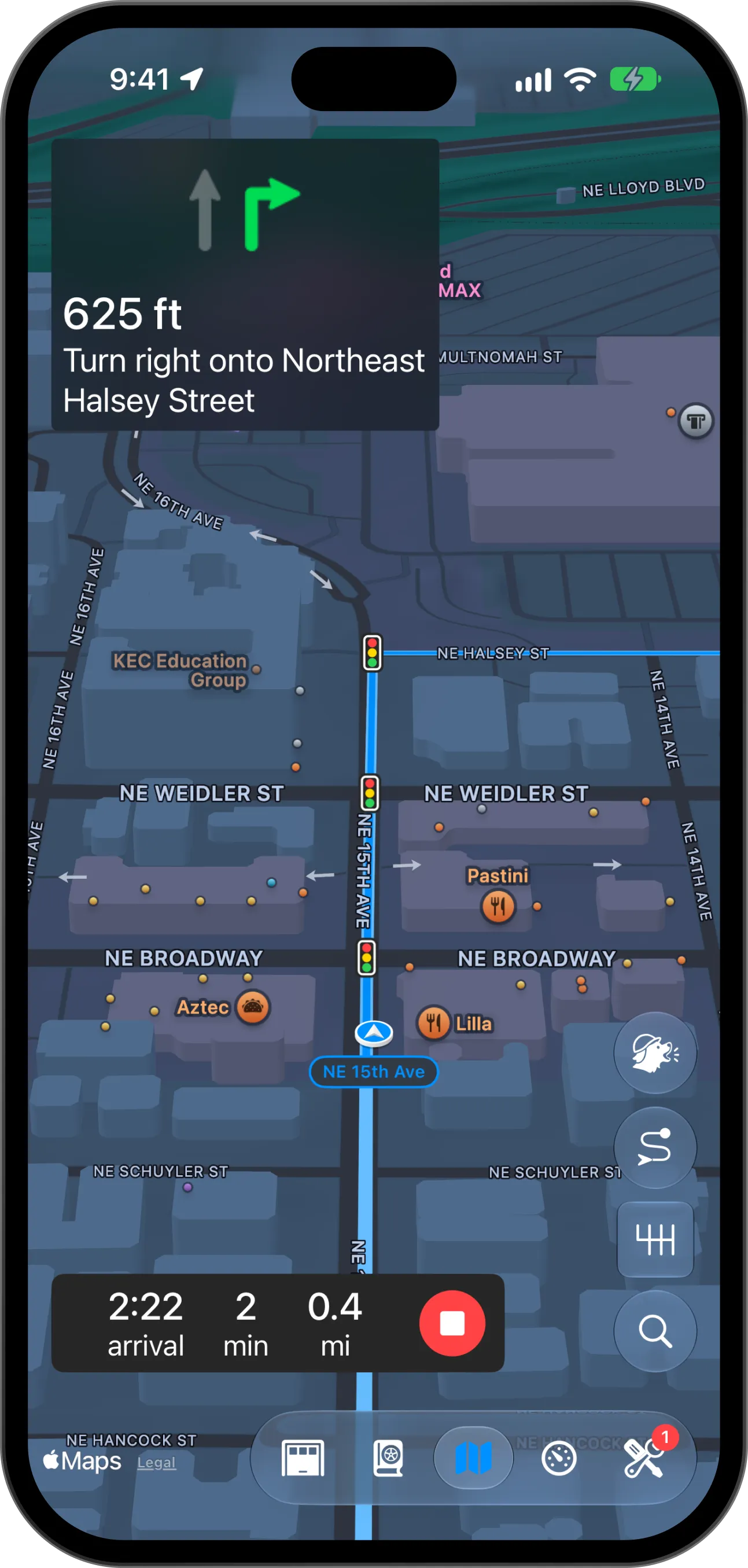 Pelican navigating, with the next turn, the trip card and the End route button marked
