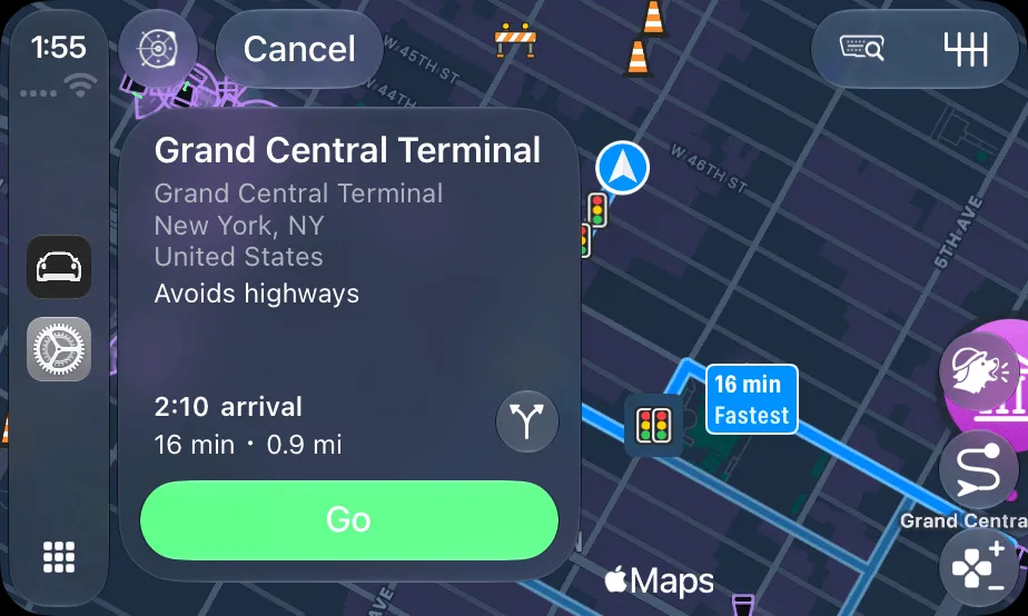 A route to Grand Central Terminal on the CarPlay screen, with Cancel, the routes button, Go and the fastest route marked