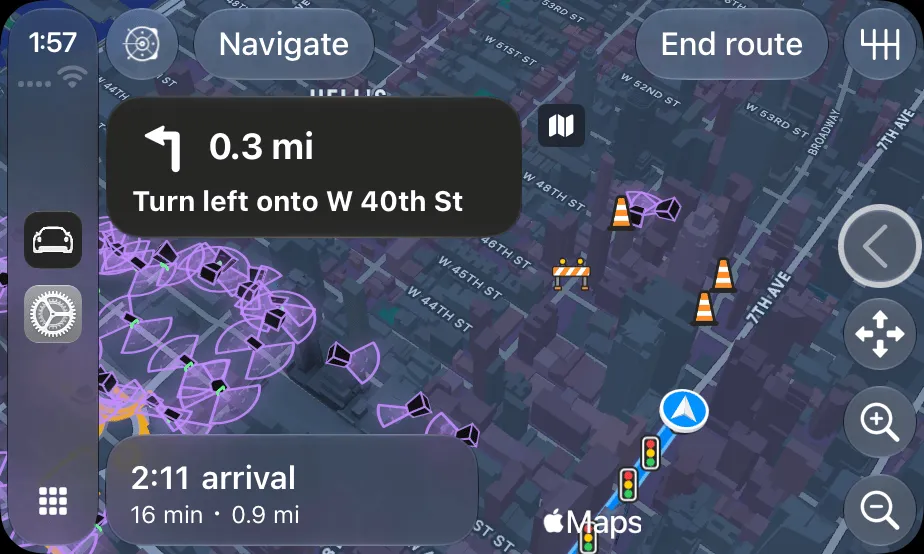 Pelican giving directions on the CarPlay screen, with the next turn, the trip card and End route marked