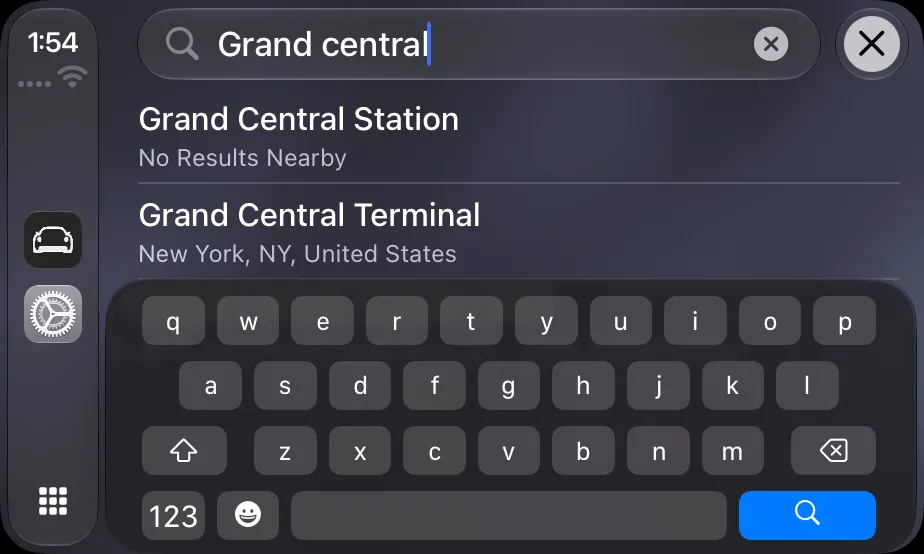 Keyboard search on the CarPlay screen, with the search field and a result marked