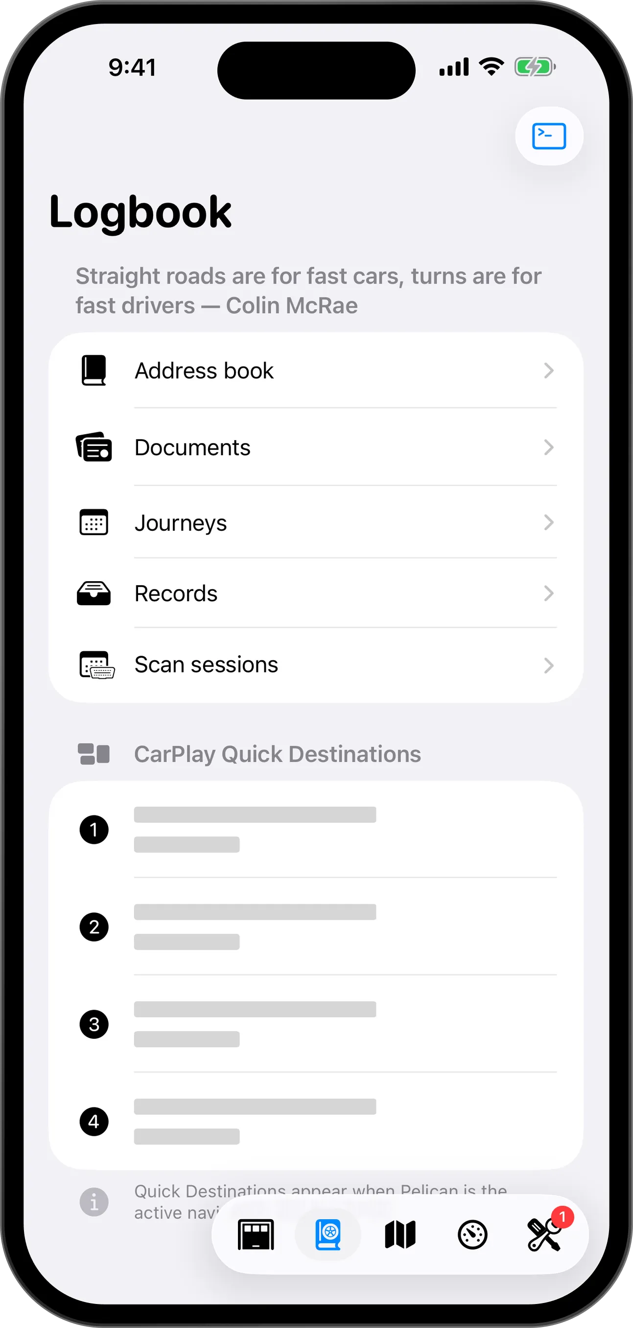 Your logbook, with its documents, journeys, records, scan sessions, CarPlay Quick Destinations and its button in the context switcher marked
