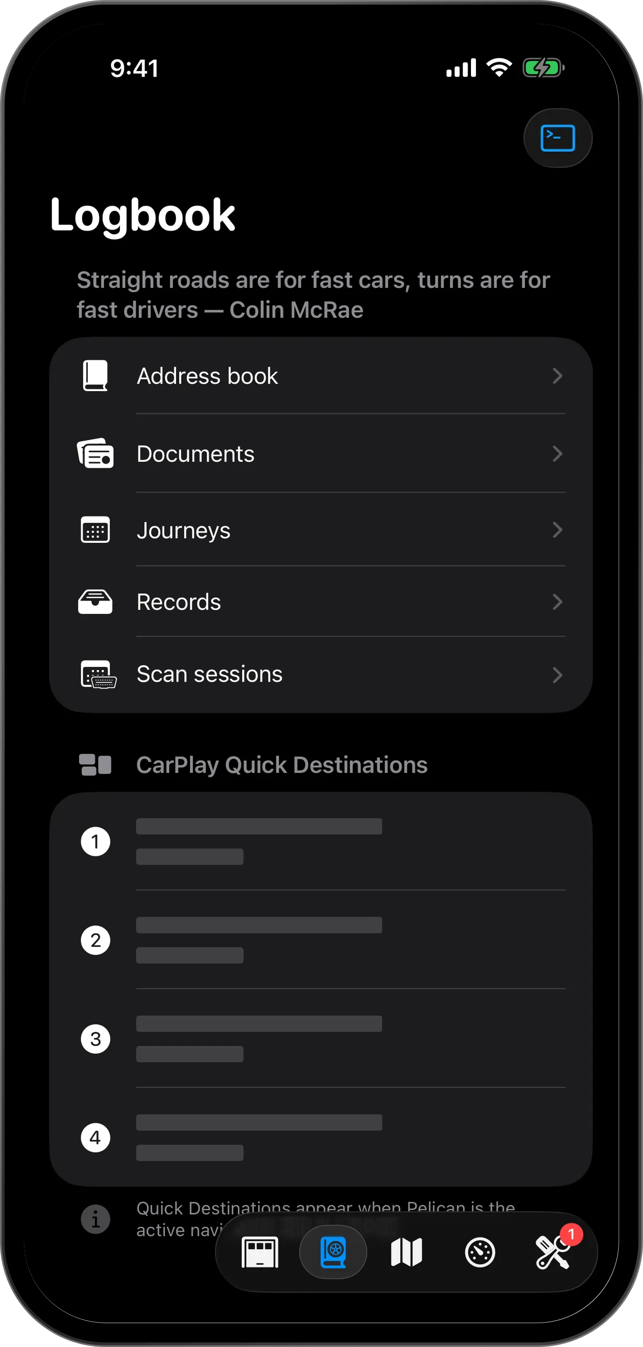 Your logbook, with its documents, journeys, records, scan sessions, CarPlay Quick Destinations and its button in the context switcher marked