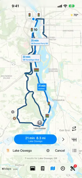 A route from downtown Portland to Lake Oswego on the Pelican map: the fastest route and two alternates, by SW Terwilliger Blvd and by SW Boones Ferry Rd, each labeled with its time