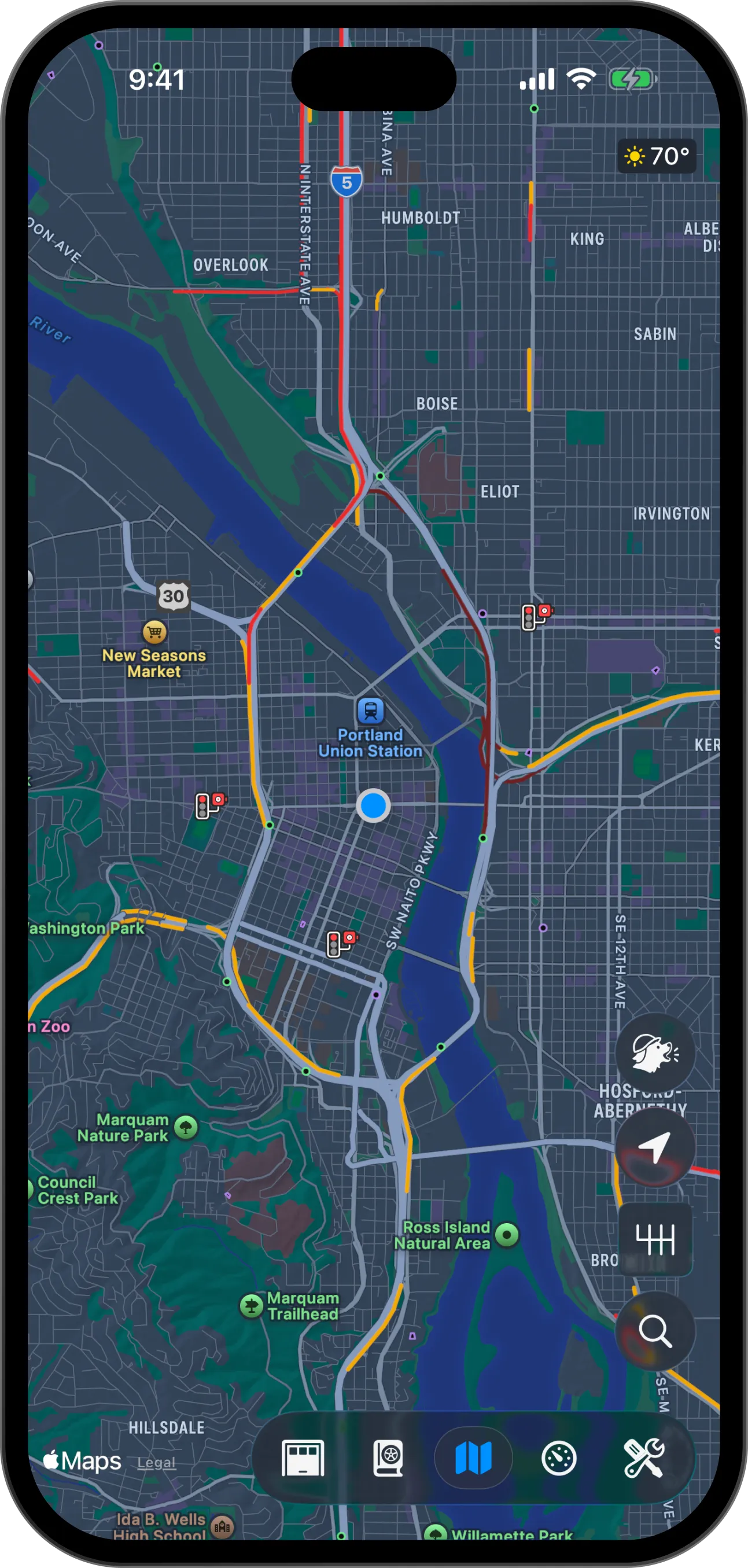 The Pelican map, with the search button, the Scout button, the camera mode button, the map settings button and the context switcher marked