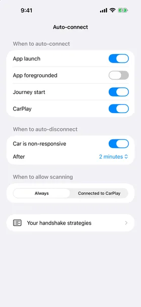 Auto-connect in Pelican, with controls for when to connect, disconnect, and allow scanning.