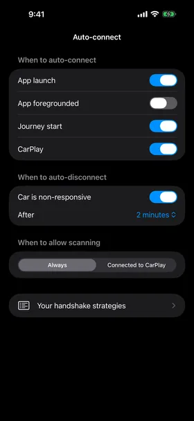 Auto-connect in Pelican, with controls for when to connect, disconnect, and allow scanning.