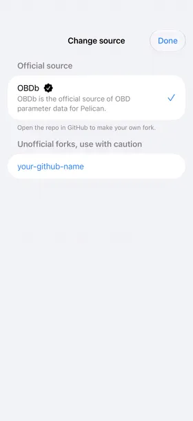 Change source in Pelican, showing OBDb and an example custom fork.