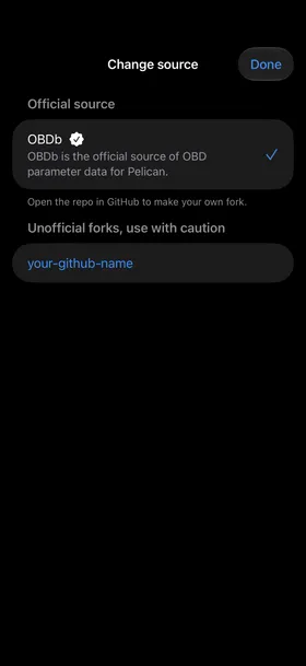 Change source in Pelican, showing OBDb and an example custom fork.