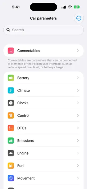 Car parameters in Pelican, with the three-dot menu at the top right.