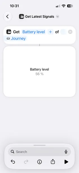 Shortcuts showing Battery level for the selected car, with a result of 56%.