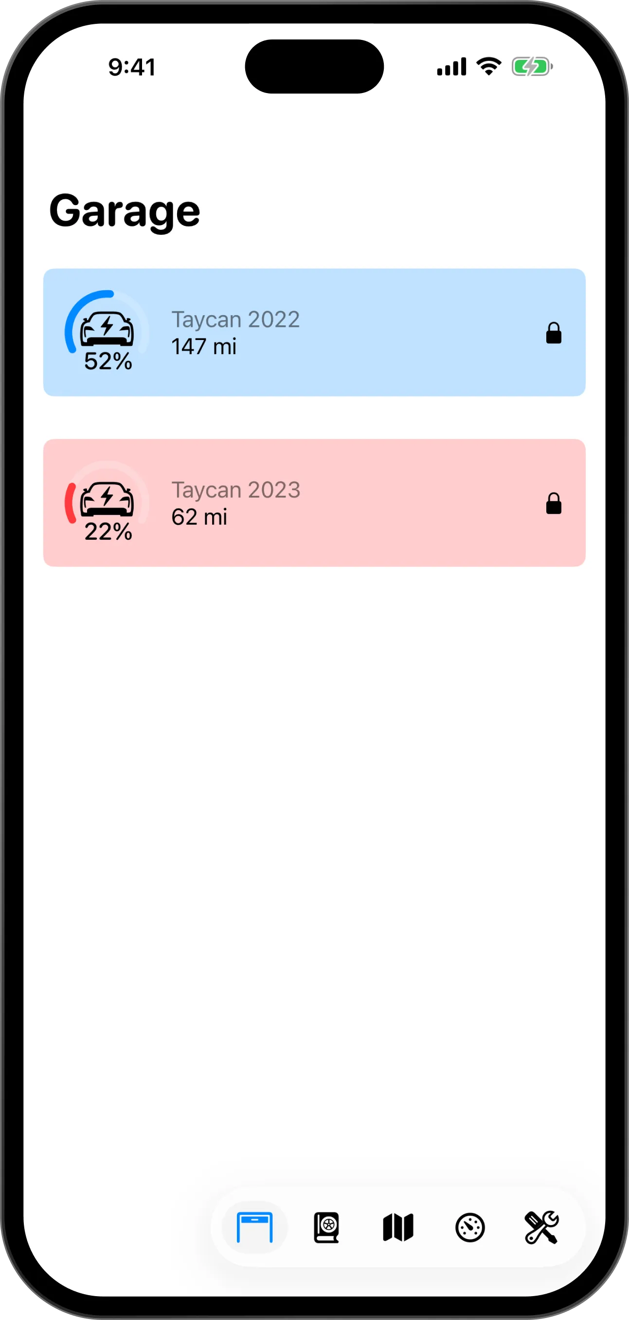 Your garage listing two cars, with a car, its battery level, its range and its button in the context switcher marked