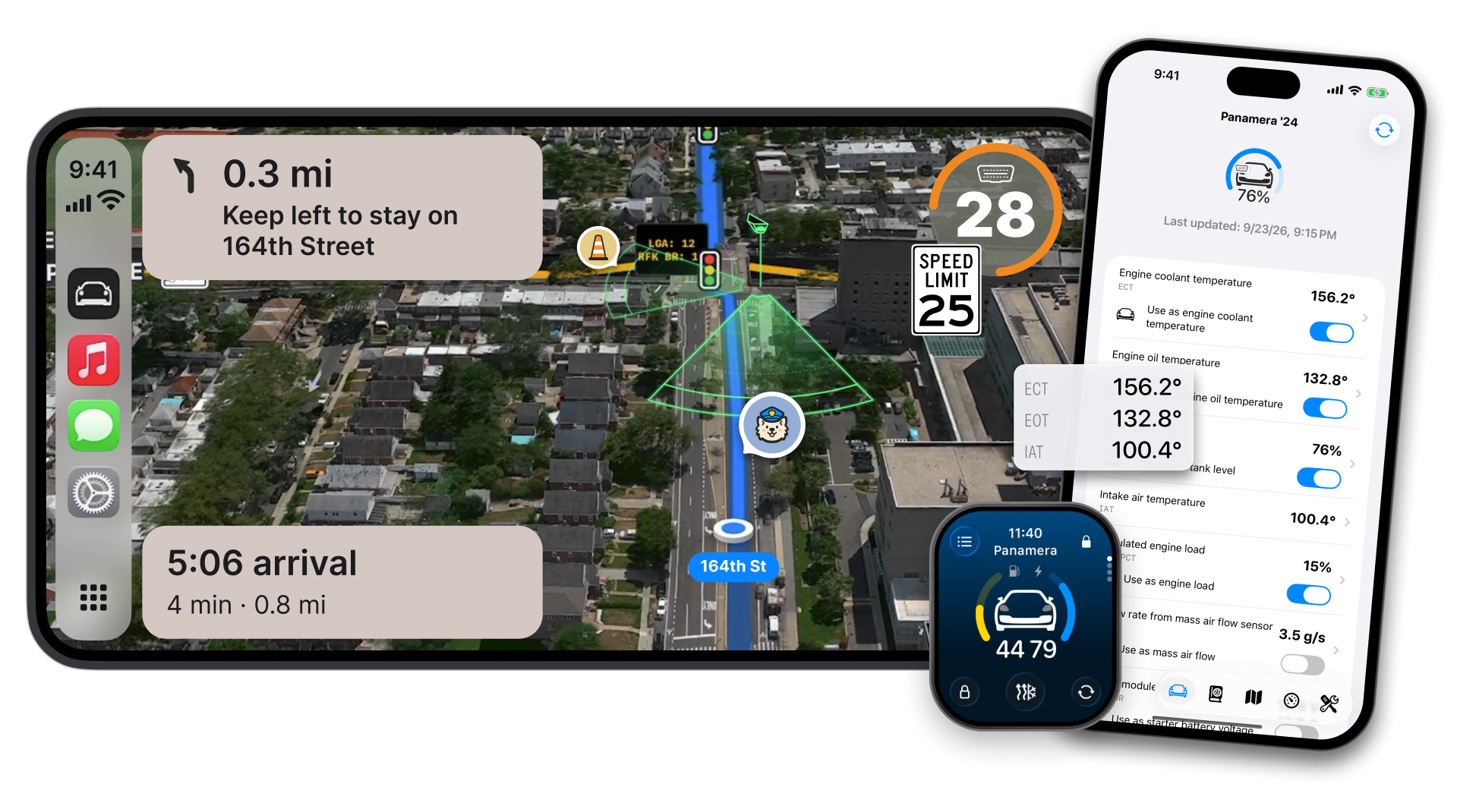 Pelican in CarPlay, on iPhone and on Apple Watch.