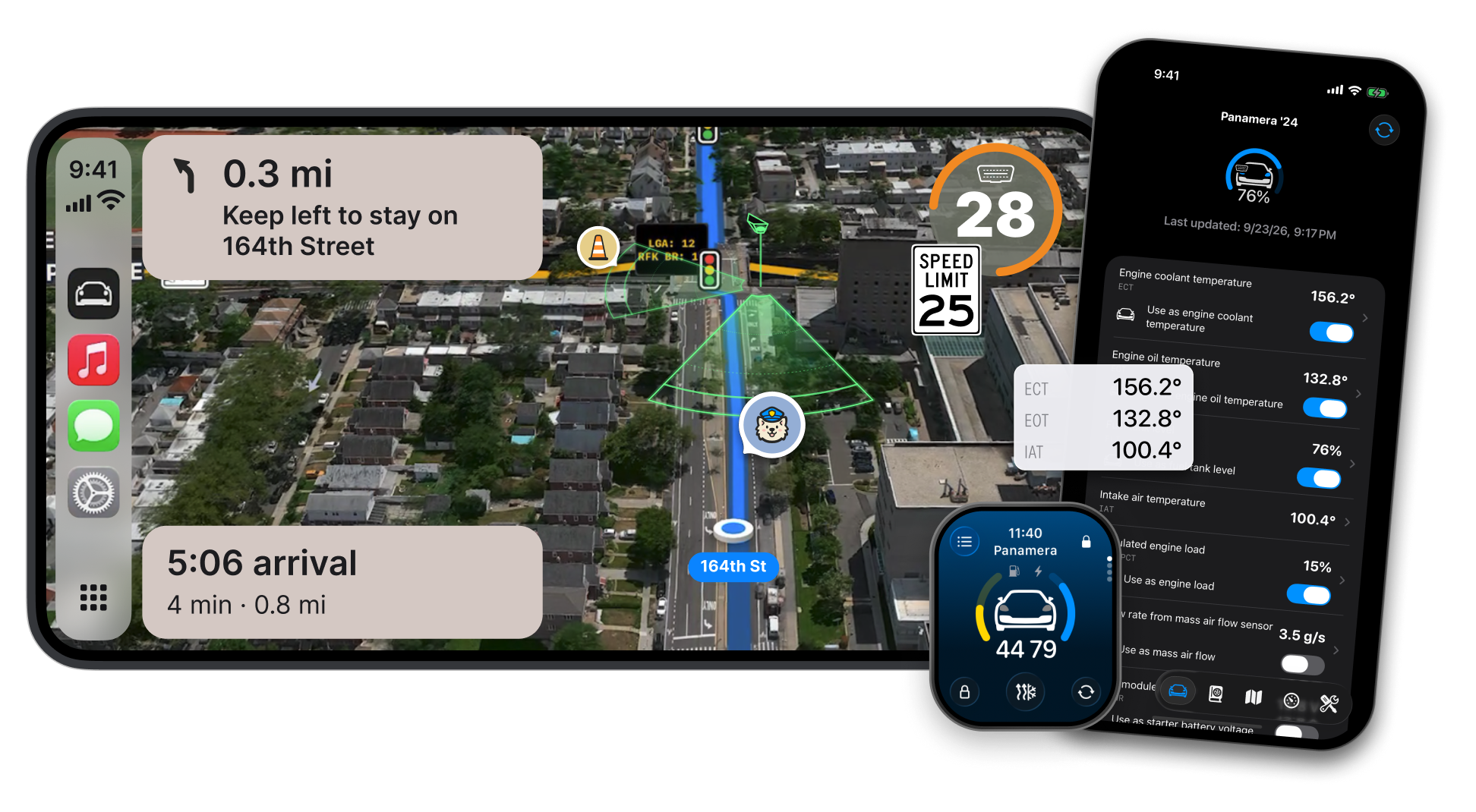 Pelican in CarPlay, on iPhone and on Apple Watch.