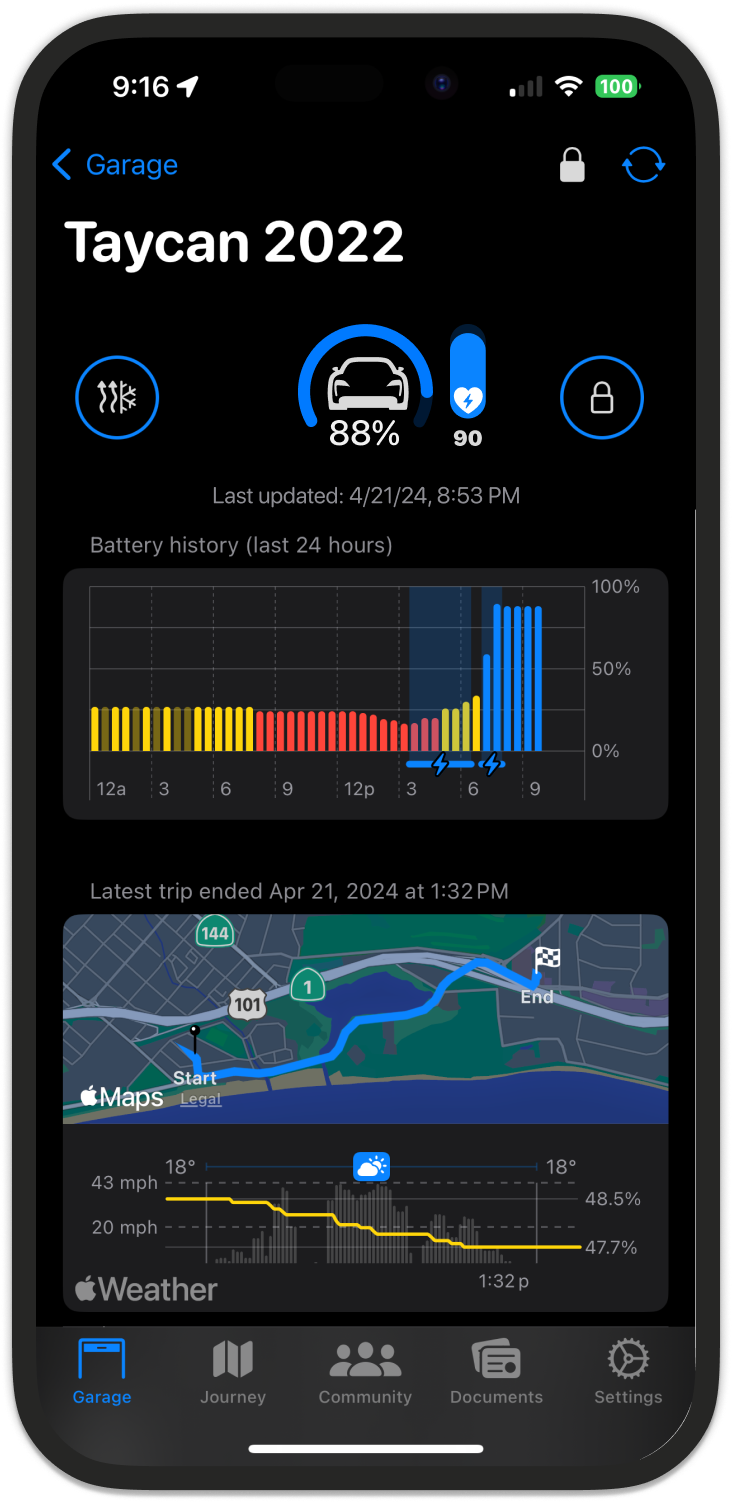 Pelican running on an iPhone with features like battery history and trip efficiency statistics