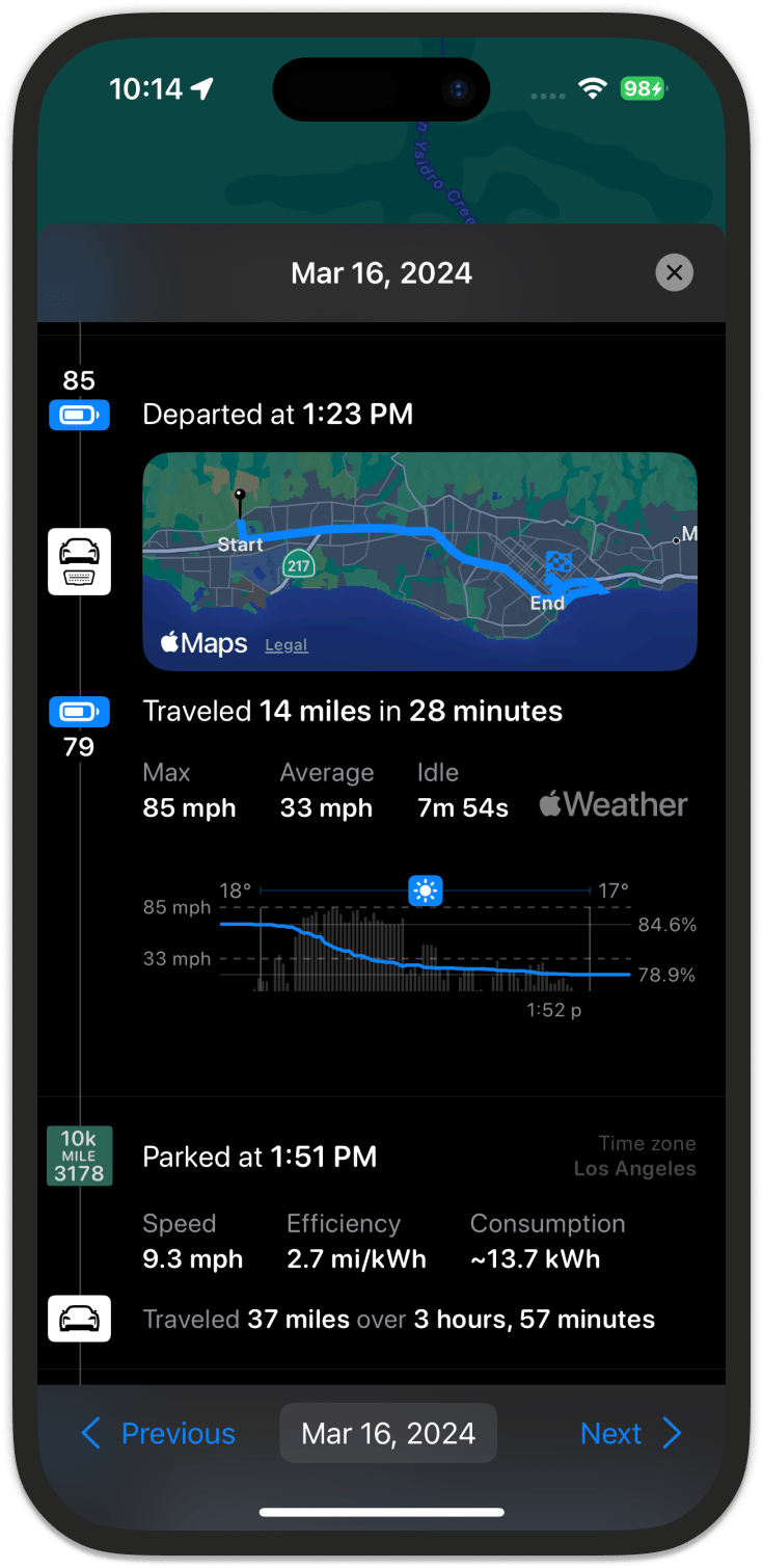 Pelican's trip logger shows historical trip information