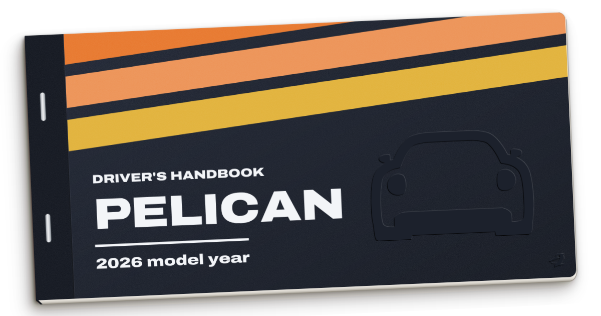 The cover of the Pelican Handbook, with racing stripes and an embossed car.